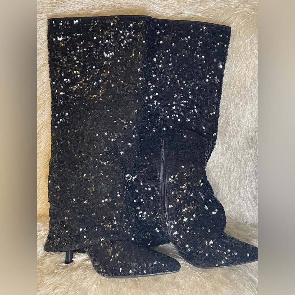 WOW! Sz 7 A New Day Abba Black Sequin Covered Foldover Heeled Boots NWT